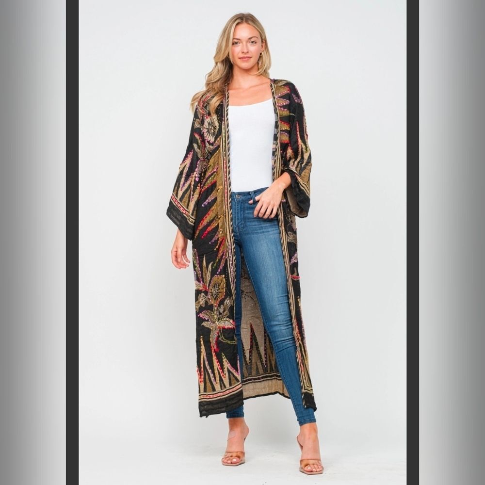 RAJ Free People Meghan Black Floral Embroidered Artist Duster Kimono Jacket